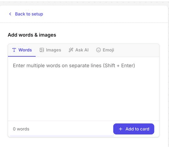 Add words and images panel with Words, Images, Ask AI, and Emoji tabs